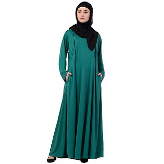 A-line abaya with piping on upper front-Green-black
